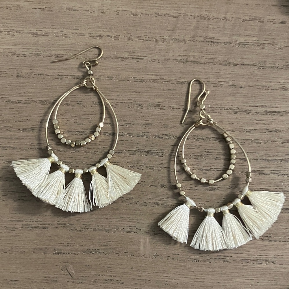 Elegant Tassel Hoop Earrings in Cream